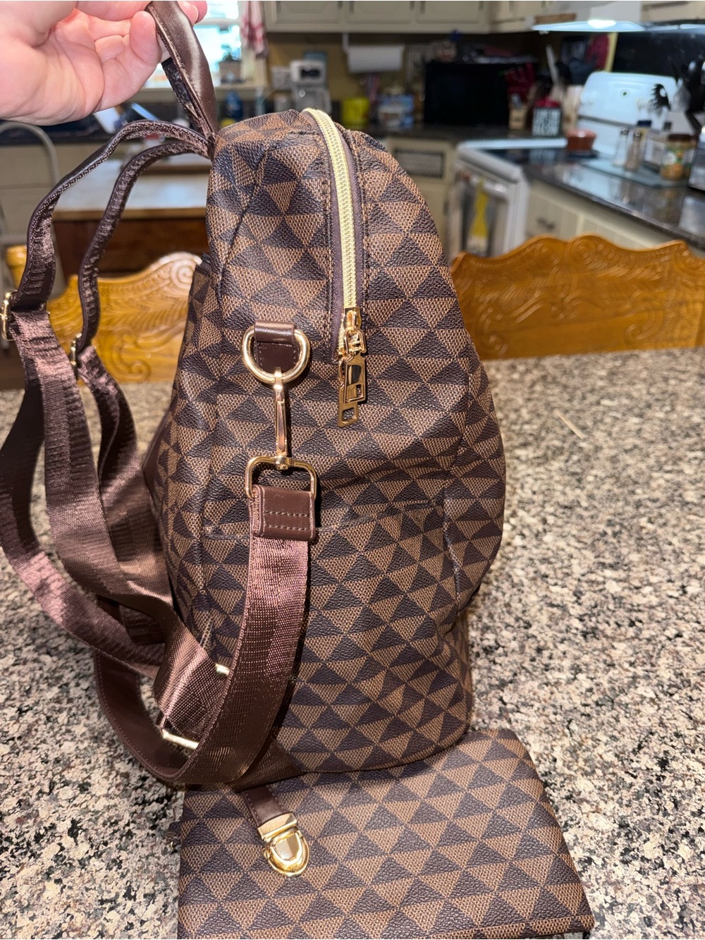 Brown Geometric Pattern Convertible Backpack - Picture 4 of 7